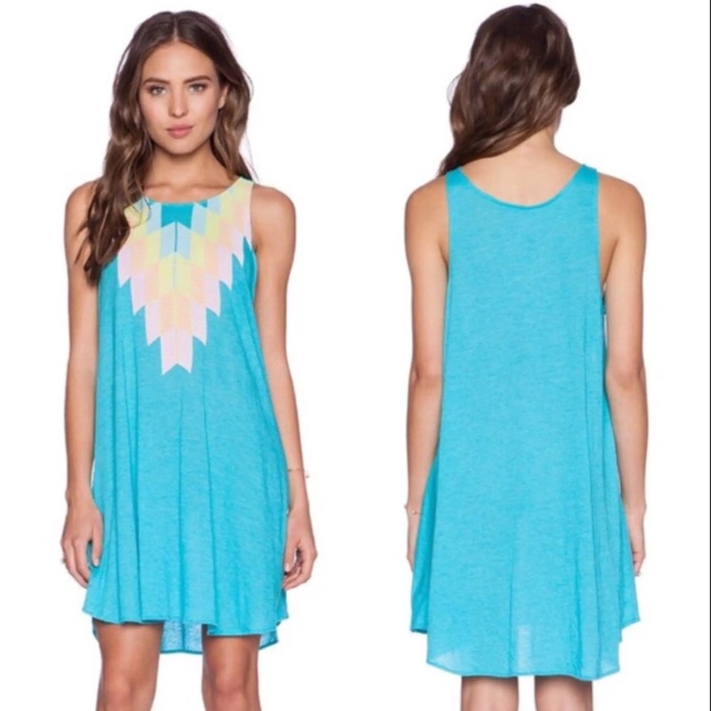Wildfox Turquoise Blue Geometric Chevron Sleeveless Shift Dress Womens Small